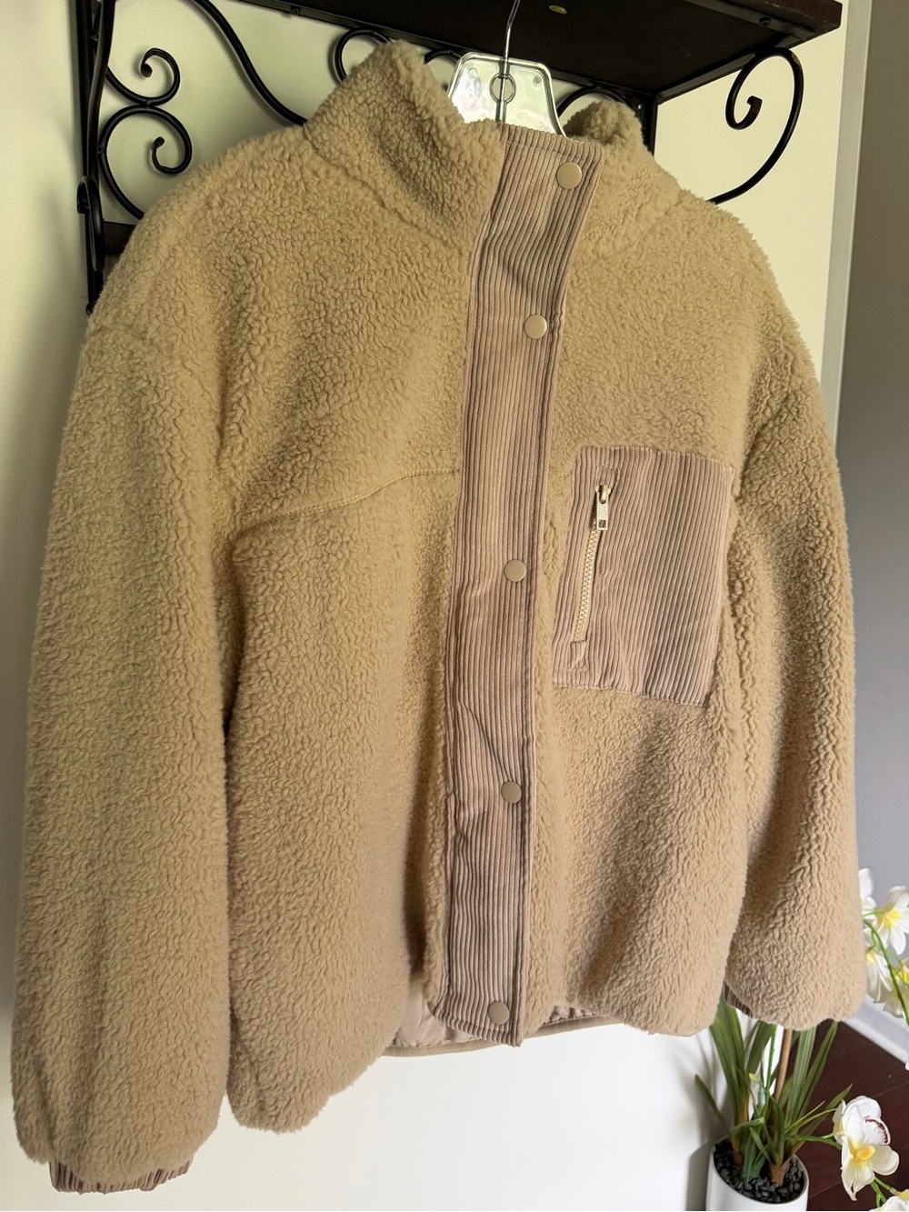 Love Tree Beige Teddy Sherpa Jacket with Corduroy Trim - Picture 2 of 10